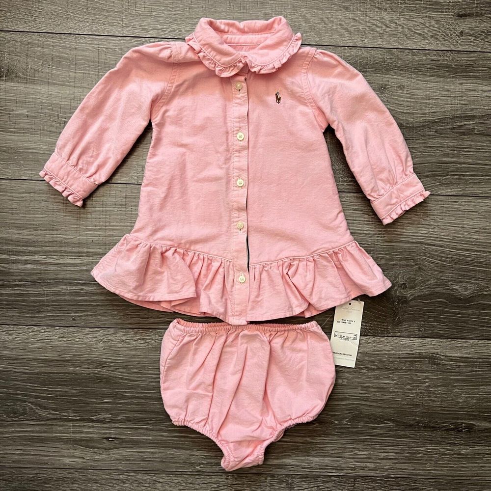 Ralph Lauren Baby Girls Pink Dress & Bloomer Set size 6M Button Down Ruffle
